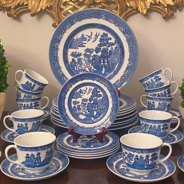 Johnson Bros Blue Willow Dinner Plates, Bread and Butter Plates, Cups and Saucers