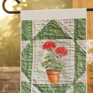 Red Geranium in Pot Garden Flag | House Banner, Faux Quilt Green Block Design