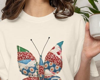 Patchwork Butterfly T-shirt | Floral Print Tee | Vintage Quilt |  Feed Sack Fabric Faux