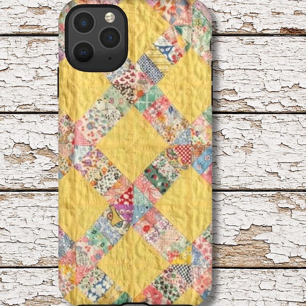 Quilt Phone Case 17 16,15,14,13 Vintage Quilt Print Gift for Crafter Fiber Artist Shop Cheater Quilt Retro Lattice Pattern Grandma Chic