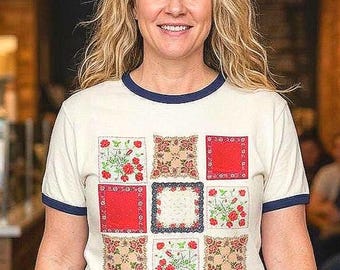 Vintage Patchwork Floral Grid T-Shirt | Ringer Tee | Original Handkerchief Print | Boutique