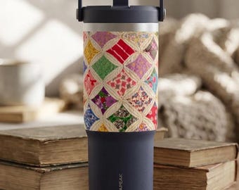 Patchwork Quilt Tumbler 32oz | Floral Cathedral Pattern | Cottagecore | Vintage Style