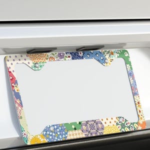 Patchwork Floral Metal License Plate Frame | Quilted Pattern Car Accessory