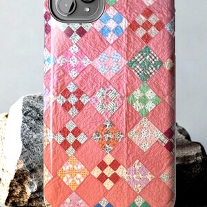 Quilt Pink Phone Case | Grandmacore Phone Tech | Patchwork Fabric Cover | Iphone 17, Samsung 26 | Nine Patch Pattern Print