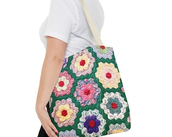 Bolso de mano con estampado de la colcha "Jardín de flores de la abuela" / Ecológico / Mercado agrícola / Bolsa de compras