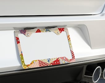 Patchwork License Plate Frame with  Vintage Quilt Design  Car Decor, Gift for Quilters Auto Accessory,  License Plate Holder, Crafter, Print