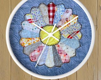 Craft Room Wall Clock | Dresden Plate Pattern | Quilted Pattern | Pastel Home Decor | Patchwork Decor