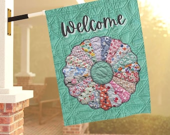 Bandera de bienvenida para jardín con diseño de patchwork / Decoración del hogar con retazos / Pancarta / Bloque de colcha vintage / Fotografía de reliquia familiar / Regalo para inauguración de casa para amantes del patchwork