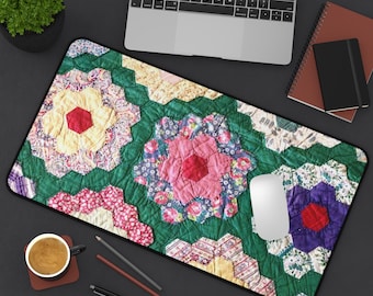 Floral Quilt Desk Mat | Colorful Office Decor, Mouse Pad
