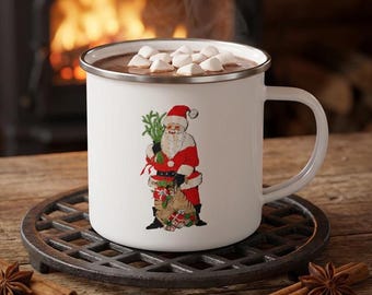 Vintage Santa Claus Enamel Camping Mug | Christmas Holiday Coffee Cup |