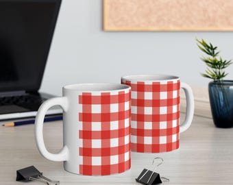 Red Buffalo Plaid Mug | Gingham Check Decor | Ceramic Coffee Cup