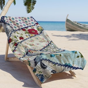 Patchwork Quilt Beach Towel | Boho Cottage Style | Faux Vintage Embroidered Crazy Quilt Look | Grandmacore Linens | Visible Stitching Art
