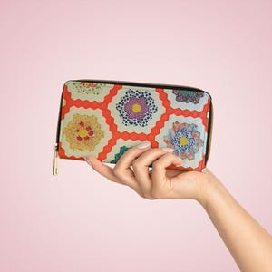 Floral Zipper Wallet: Quilt Inspired Boho Purse, Colorful PU Leather