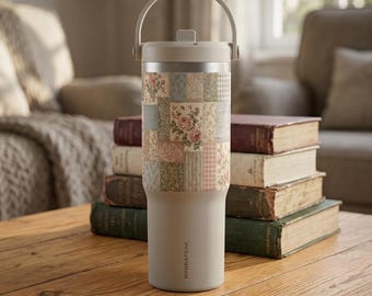 Floral Patchwork Tumbler | 32oz Travel Mug | Shabby Chic | Vintage Quilt Print