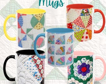 Patchwork Quilt Mugs | Vintage Cottagecore Kitchen Decor | Quilted Patterned | Colorful Sewing Room Cup | Fiber Artist Office Accessories