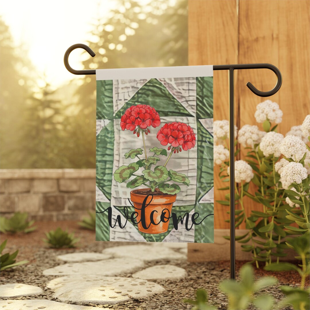 Red Geranium Potted Plant Welcome Garden Flag | Outdoor House Banner - Etsy