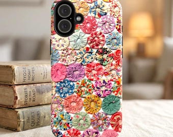 Patchwork Phone Case | Tough Protective Cover | Colorful Fabric Yo-Yo | Quilt Print | iphone 17 18