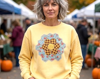 Patchwork Sweatshirt | Vintage Quilt Block Print | Dresden Plate | Cottagecore Fall Shirt | Boho Style