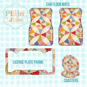 May include: A set of car accessories featuring a patchwork quilt design. The image includes two car floor mats, a license plate frame, and a pair of coasters. The accessories have a colorful pattern of triangles in various colors.