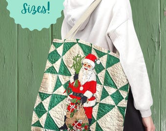 Vintage Santa Tote Bag | Christmas Santa  | Quilt Print | Reusable Poke