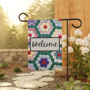 Vintage Quilt Inspired Garden Flag, Farmhouse Welcome Banner, CottageCore Style, Patchwork Decor