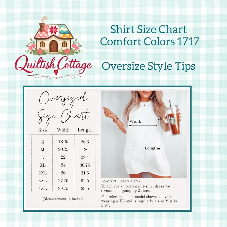 Puede incluir: Una tabla de tallas para camisas Comfort Colors 1717 con las tallas de la S a la 4XL y sus medidas de ancho y largo en pulgadas. Una imagen muestra a una persona con una camiseta blanca con flechas que indican el ancho y el largo.
