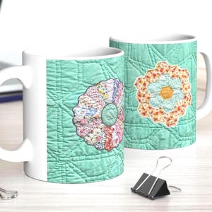 Vintage Quilt Patchwork Mug | Ceramic Coffee Cup, Teal Quilt Background | Dresden Plate