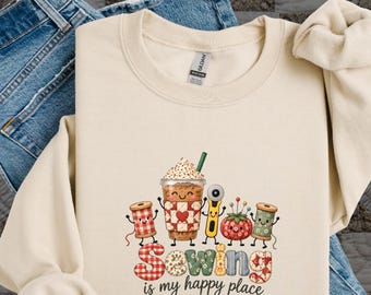 Iced Coffee & Sewing Tools Sweatshirt | Quilt Patchwork Ditzy Fabric Design | Hobby Crewneck