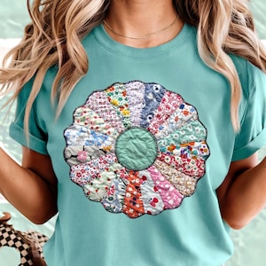 Patchwork Flower T-Shirt | Quilt Block tee | Vintage Feed Sack | Faux Fabric Print