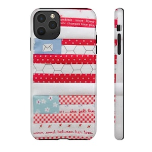 May include: A white phone case with a patchwork design featuring red, white, and blue patterns resembling a flag. The case includes text that reads "picking, since flavor color changes take place" and "377... she felt the warm sand between her toes."