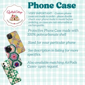Puede incluir: Tres fundas para tel&eacute;fono con patrones inspirados en colchas en amarillo, verde y blanco. El texto dice: Phone Case, VERY IMPORTANT: Custom phone cases are made to order, Protective Phone Case made with 100% polycarbonate shell, Sized for your particular phone, See description in listing for more specifics, Also available matching AirPods Cases- upon request.