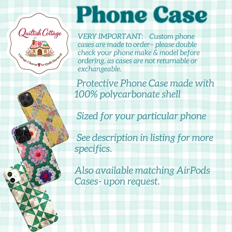 Puede incluir: Tres fundas para tel&eacute;fono con patrones inspirados en colchas en amarillo, verde y blanco. El texto dice: Phone Case, VERY IMPORTANT: Custom phone cases are made to order, Protective Phone Case made with 100% polycarbonate shell, Sized for your particular phone, See description in listing for more specifics, Also available matching AirPods Cases- upon request.