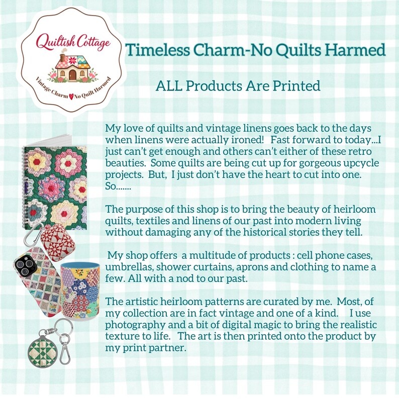 Puede incluir: Un gr&aacute;fico promocional de Quiltish Cottage con el texto Timeless Charm-No Quilts Harmed y ALL Products Are Printed. La imagen muestra un cuaderno de espiral, una funda de tel&eacute;fono, una taza y un llavero, todos con coloridos patrones de colchas vintage.