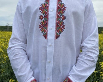 Herren Leinenhemd, Embroidery Hemd, Weißes Hemd mit Ethno Motiven, Moderne Stickerei