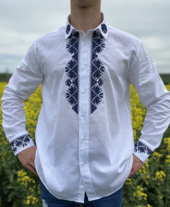 Men's Linen Shirt, Embroidery Shirt, White Shirt With Ethno