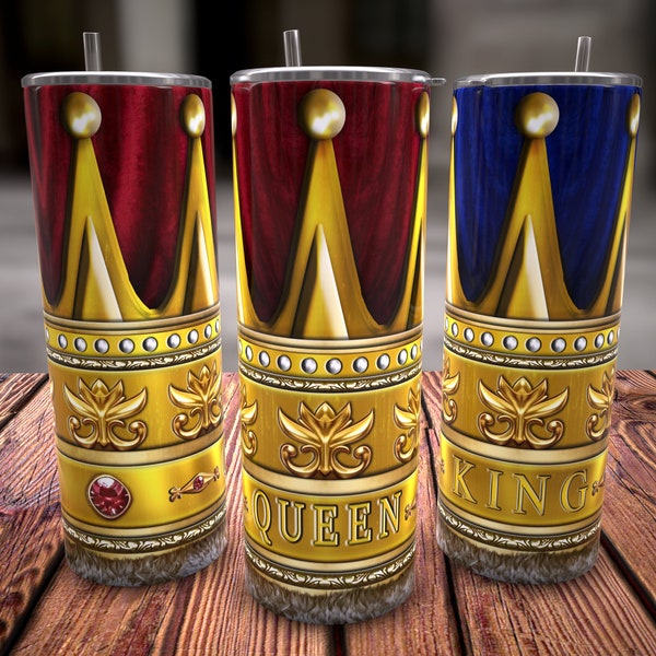 King Queen 20 oz Medieval Crown Tumbler Wrap, Couples Tumbler Design, Valentine's Day Gift, Royal Crown PNG, Seamless Design For Sublimation