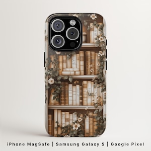 Funda resistente con diseño de estantería MagSafe / Light Academia, regalo para amantes de la lectura / iPhone 16, Samsung Galaxy S25, Google Pixel 9 / Diseño acogedor cottagecore