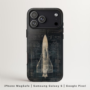 Vintage Spacecraft Blueprint Phone Case for Men | Retro Technical Schematic Drawing | iPhone 17 MagSafe Google Pixel 9 & Samsung Galaxy S26