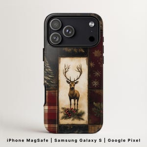 Vintage Patchwork Christmas Phone Case, Festive Tartan Reindeer, iPhone 17 MagSafe, Samsung Galaxy S26, Google Pixel 9 Cover