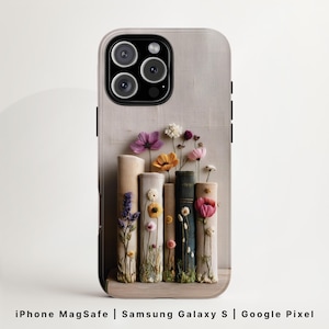Vintage schoolse stoere telefoonhoes MagSafe | Geborduurd bloemenboek | iPhone 16, Samsung Galaxy S25, Google Pixel 9 | Esthetisch boekenwurmcadeau