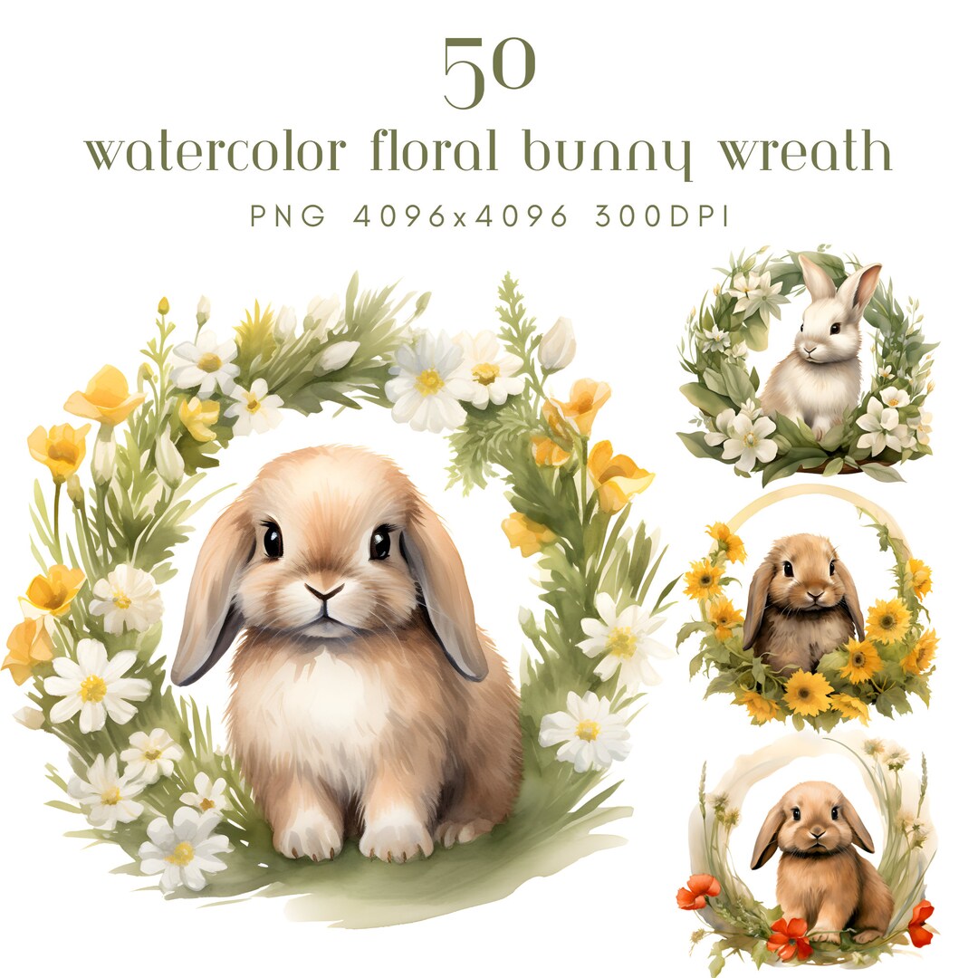 Watercolor Floral Bunny Wreath Clipart Bundle: Spring Bunny & Floral ...