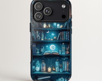 Moonlight Bookshelf Tough Phone Case | Mystical Lunar & Blue Aesthetic | iPhone 17 MagSafe, Galaxy S26, Pixel 9 | Celestial Book Lover Gift