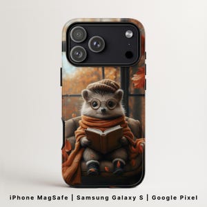 Hedgehog Tough Phone Case MagSafe | Cute Fall Reading Cover | iPhone 17, Google Pixel 9 & Samsung Galaxy S26 | Booklover Gift