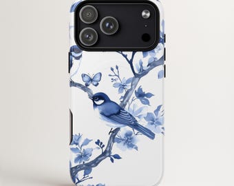 Capa para celular com pássaro em estilo Chinoiserie azul, galho floral vintage azul e branco, elegante para iPhone 17 MagSafe, Samsung Galaxy S26 e Google Pixel 9.
