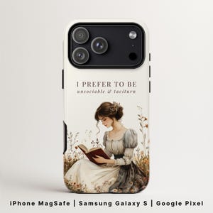 Puede incluir: Funda de teléfono con una ilustración en acuarela de una mujer leyendo un libro, rodeada de flores. La funda tiene el texto "I PREFER TO BE unsociable & taciturn". Diseñada para iPhone MagSafe, Samsung Galaxy S y Google Pixel.