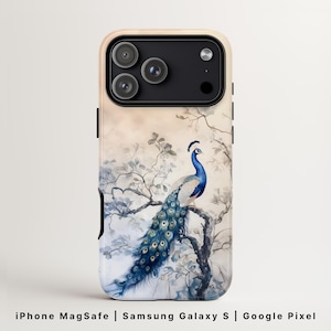Chinoiserie Peacock-telefoonhoesje, vintage Blue Bird Art, elegante Aziatische esthetiek iPhone 17 MagSafe, Samsung S26, pixel 9 cover