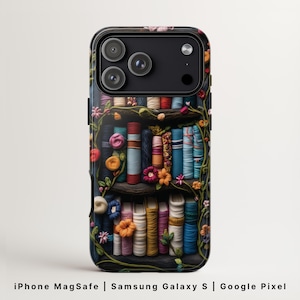 Cozy Bookshelf Yarn Phone Case MagSafe, Cottagecore Craft Aesthetic, Colorful Felted Wool Art, iPhone 16, Samsung S26, Pixel 9
