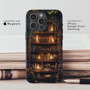 Étui pour téléphone bibliothèque MagSafe | Couverture pour amoureux des livres | iPhone 16, Google Pixel 9 et Samsung Galaxy S25 | Esthétique Witchy Dark Academia