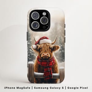 ハイランドカウのスマホケース MagSafe対応 | 華やかな農業とクリスマスの美学 | iPhone 16、Samsung Galaxy S25、Google Pixel 9用かわいい子牛