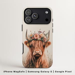 Highland Cow Phone Case, Cute Boho Cottagecore Cover, iPhone 17 MagSafe, Samsung Galaxy S26, Google Pixel 9